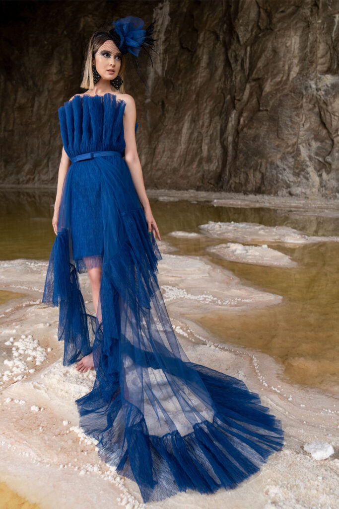 Deep blue lace strapless dress - trailing frill skirt - Image 3