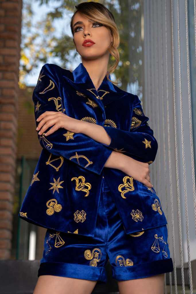 Royal blue velvet shorts suit - with gold embroidered symbols all over - Image 3