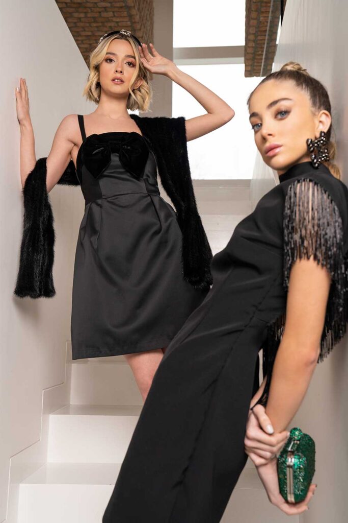 Black short dress with beading on sleeves - dangling beading around open back - Image 4