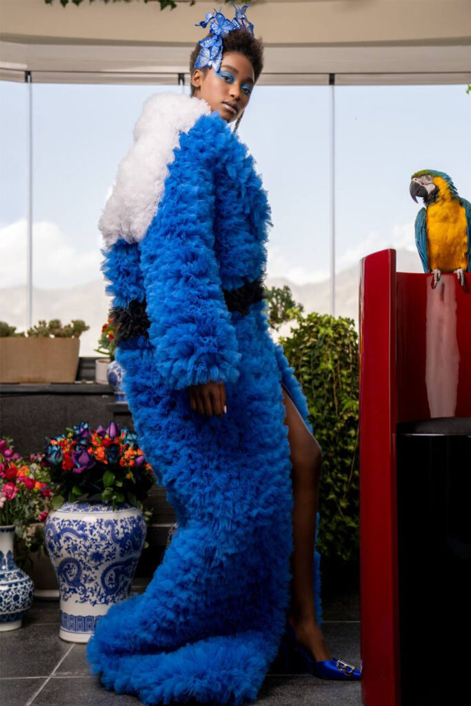 Full length pleats and ruffles large blue evening or event coat - black waist long sleeves - Image 3