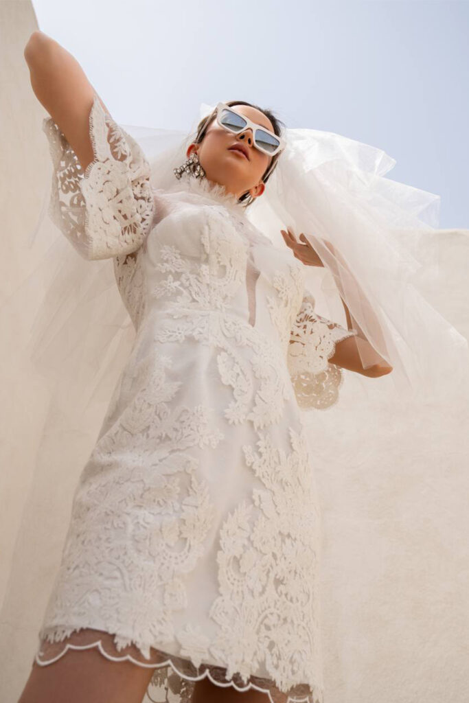 Short white lace cocktail dress- ruffled short collar and pleated short sleeves - Image 3