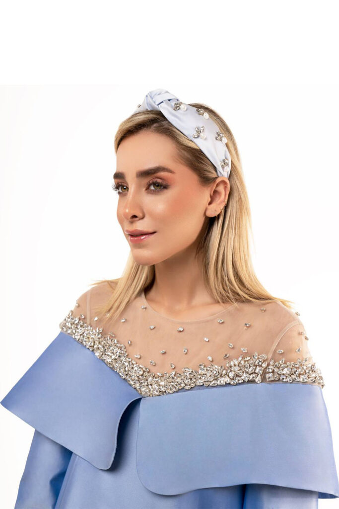 Light blue raw silk loose short dress with  3/4 sleeves - Swarovski stone embroidered top on see through fabric - Image 3