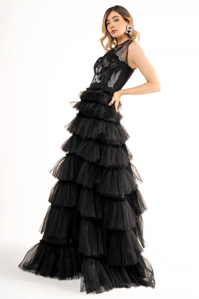 Long no sleeve round neck black dress- beading, horse embroidered emblem on front. Full ruffled black long skirt - Image 3