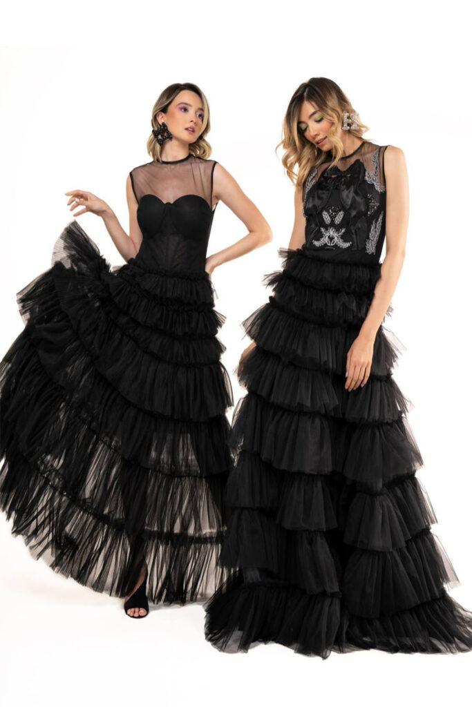 Long no sleeve round neck black dress- beading, horse embroidered emblem on front. Full ruffled black long skirt - Image 8