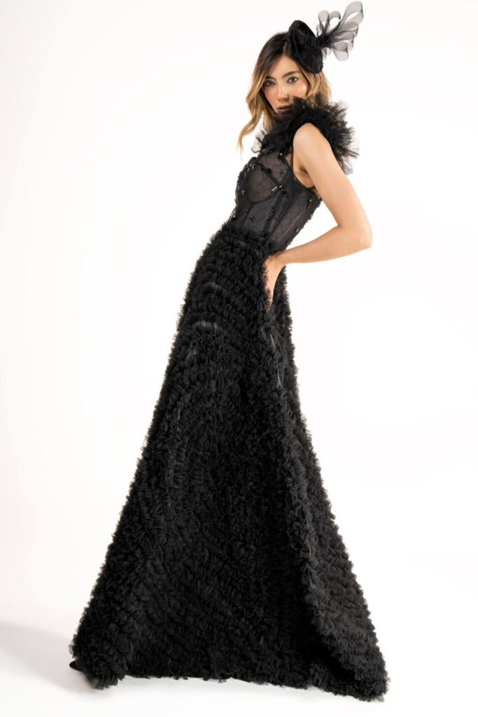 Long black evening dress- upper body seemed corset with black stones- full skirt with pleated frills all over - Image 3