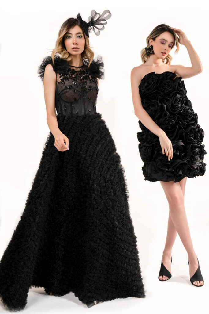 Long black evening dress- upper body seemed corset with black stones- full skirt with pleated frills all over - Image 4